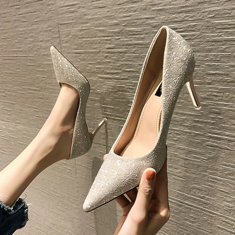 Giày Cao Gót Mũi Nhọn Đính Kim Sa Thời Trang 2021 Cho Nữ