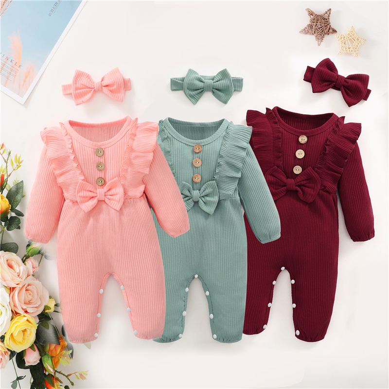 Set áo liền quần Mikrdoo vải cotton tay dài + băng đô thời trang đáng yêu cho bé 0-18 tháng tuổi