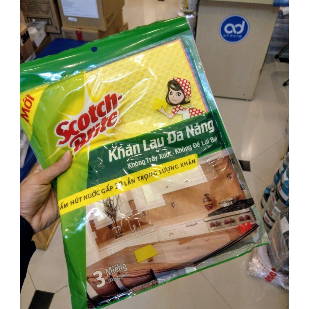 Khăn Lau Đa Năng 3M Scotch Brite Gói 3-Lau Mọi Bề Mặt,Thấm Hút Gấp 20 Lần 18x20cm
