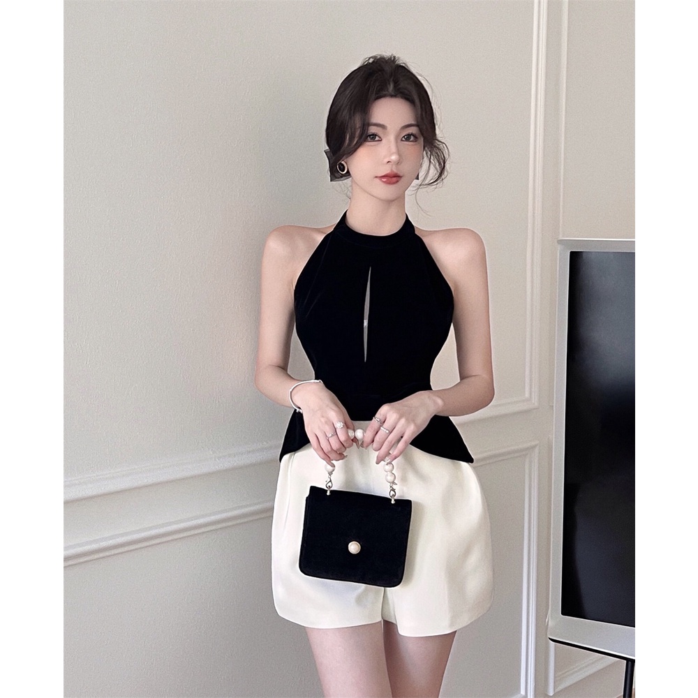 Áo Liền Quần Ngắn Hai Dây Đính Nơ Màu Sắc Tương Phản Phong Cách Pháp Dành Cho Nữ