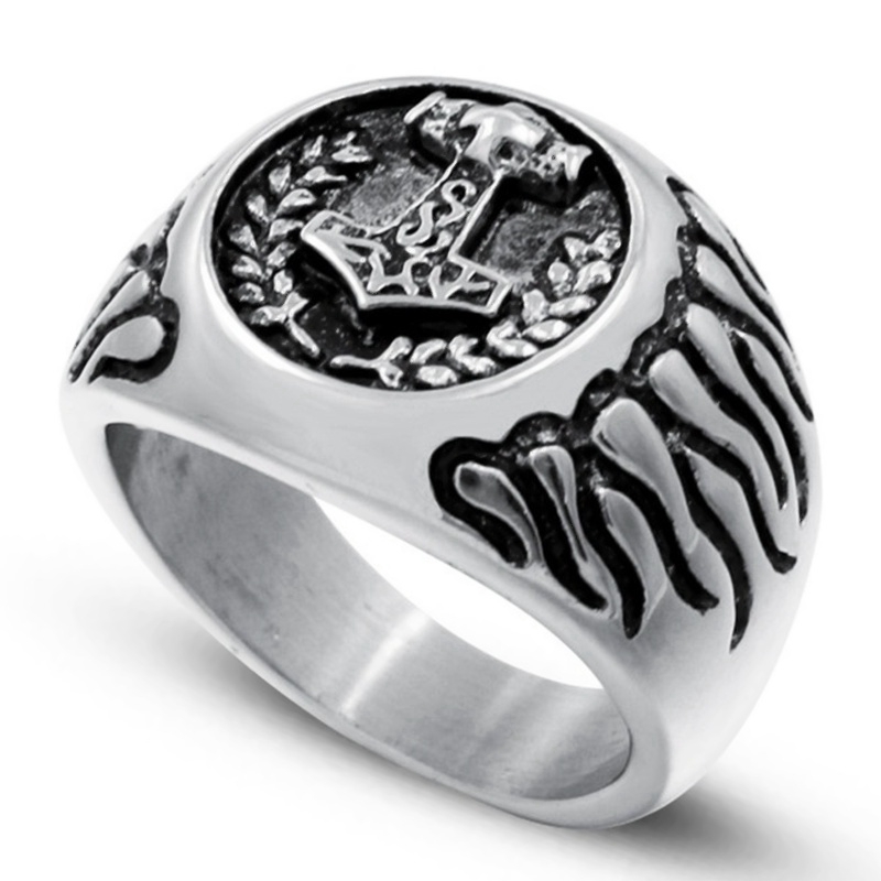 Cincin Punk Desain Thor Goth mythical Thor Bahan Stainless Steel Warna Silver untuk Pria
