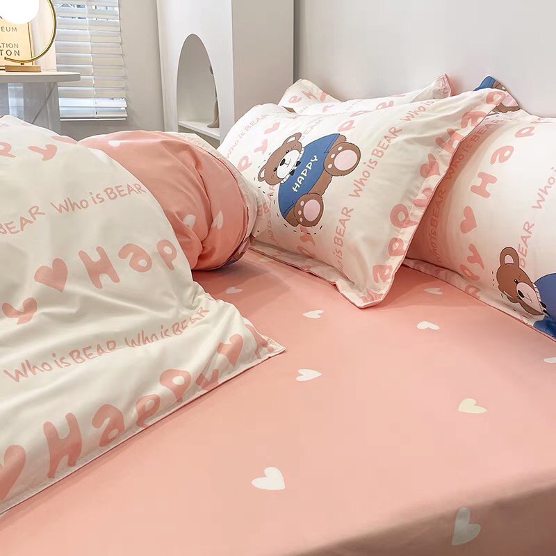 Set Chăn Ga Gấu Happy Ga Tim Hồng Cotton Poly Thoáng Mát Hàng Xuất Nhật (Shinbedding_store)
