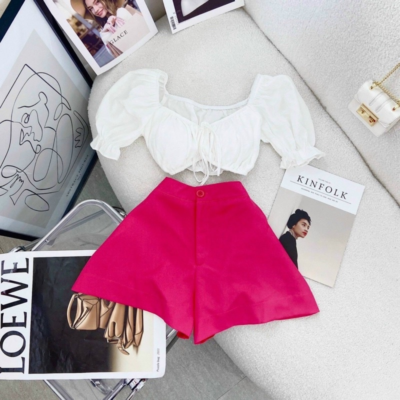 SET CROP TRẮNG NHÍU NGỰC TAY BỒNG + SHORT HỒNG