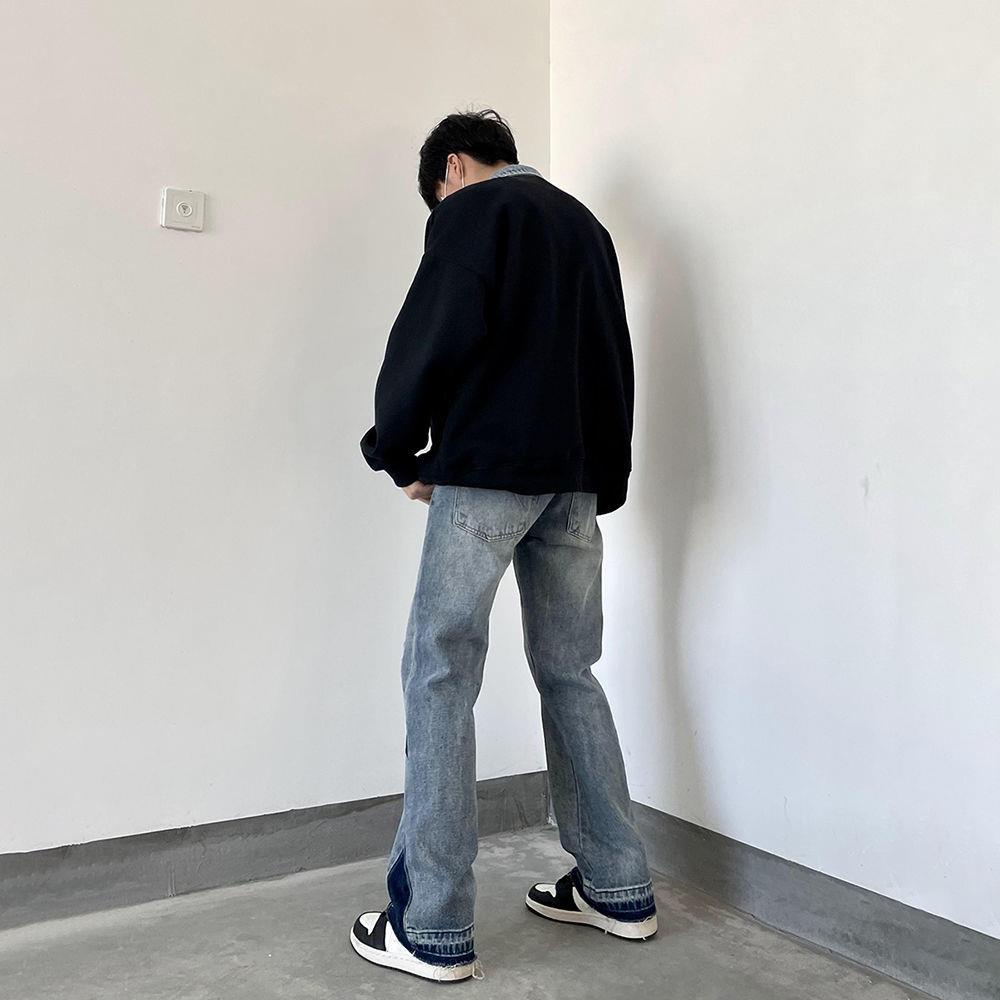 Quần jeans dài ống loe phối vết rách phong cách đường phố retro cá tính dành cho nam