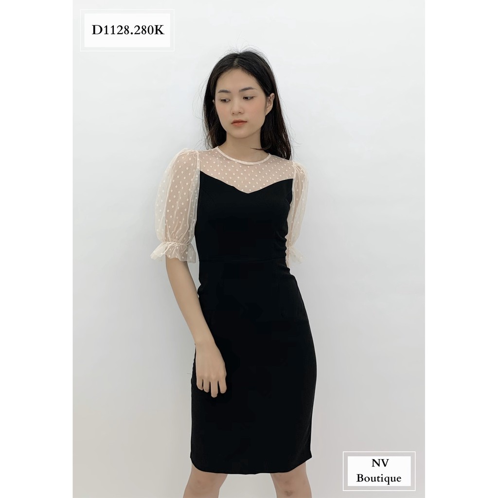 Đầm Dự Tiệc NHẬT VY Phối Lưới Bi Dáng Ôm Màu Đen, Đỏ - D1128