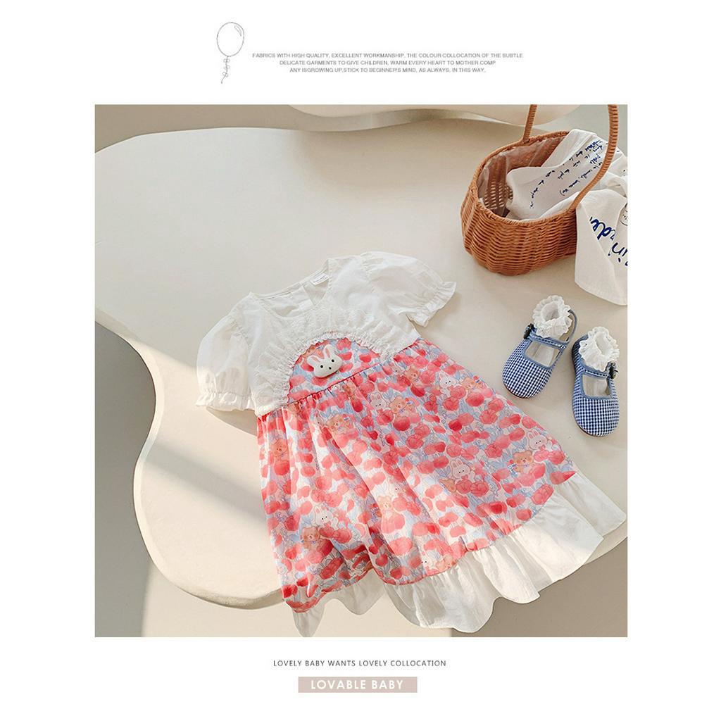 Váy bé gái 2 đến 8 tuổi Anniebaby dáng xòe tay bồng nhún bèo chất thô đũi mềm mịn phong cách tiểu thư VA23016