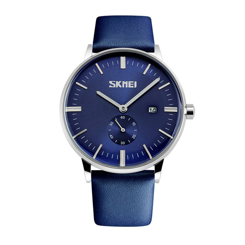Đồng hồ nam SKMEI mặt tròn size 39mm có lịch dây da xanh cao cấp, kính chống xước, chống nước tuyệt đối
