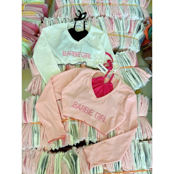 Set 2 Món Barbie Girl Cổ Yếm Cột Dây Và Áo Lửng Tay Dài Cổ V Form Rộng - Tiểu Thư Bánh Bèo Cute Sexy alohashop91