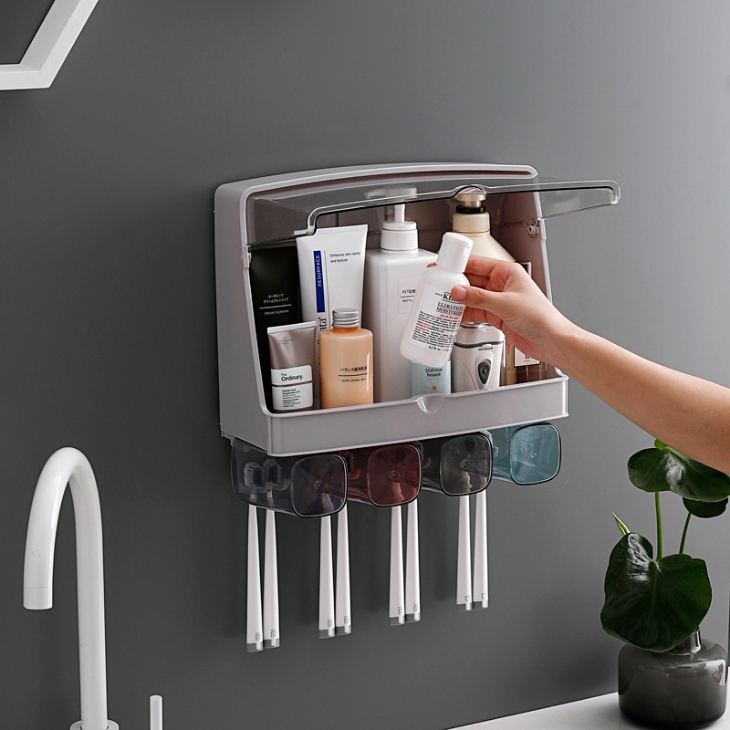 Kệ đựng mỹ phẩm, dụng cụ nhà tắm kèm 4 ly có nắp chắn nước gắn tường tiết kiệm diện tích