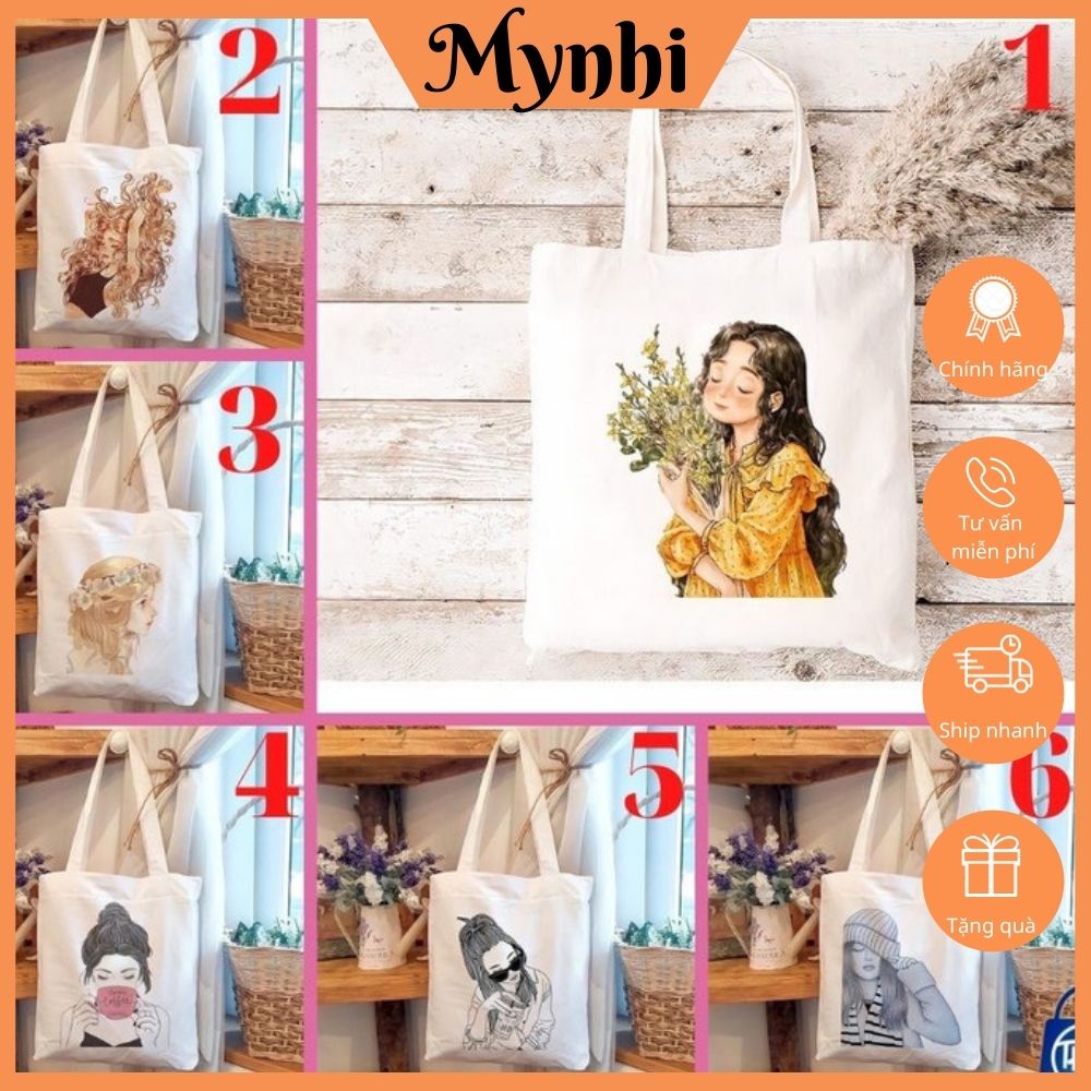 Túi tote túi vải canvas phong cách Hàn Quốc hoạ tiết cô gái và hoa đáng yêu SHOPMYNHI SMN249