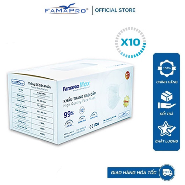 Combo 10 Hộp khẩu trang y tế cao cấp kháng khuẩn 4 lớp Famapro max