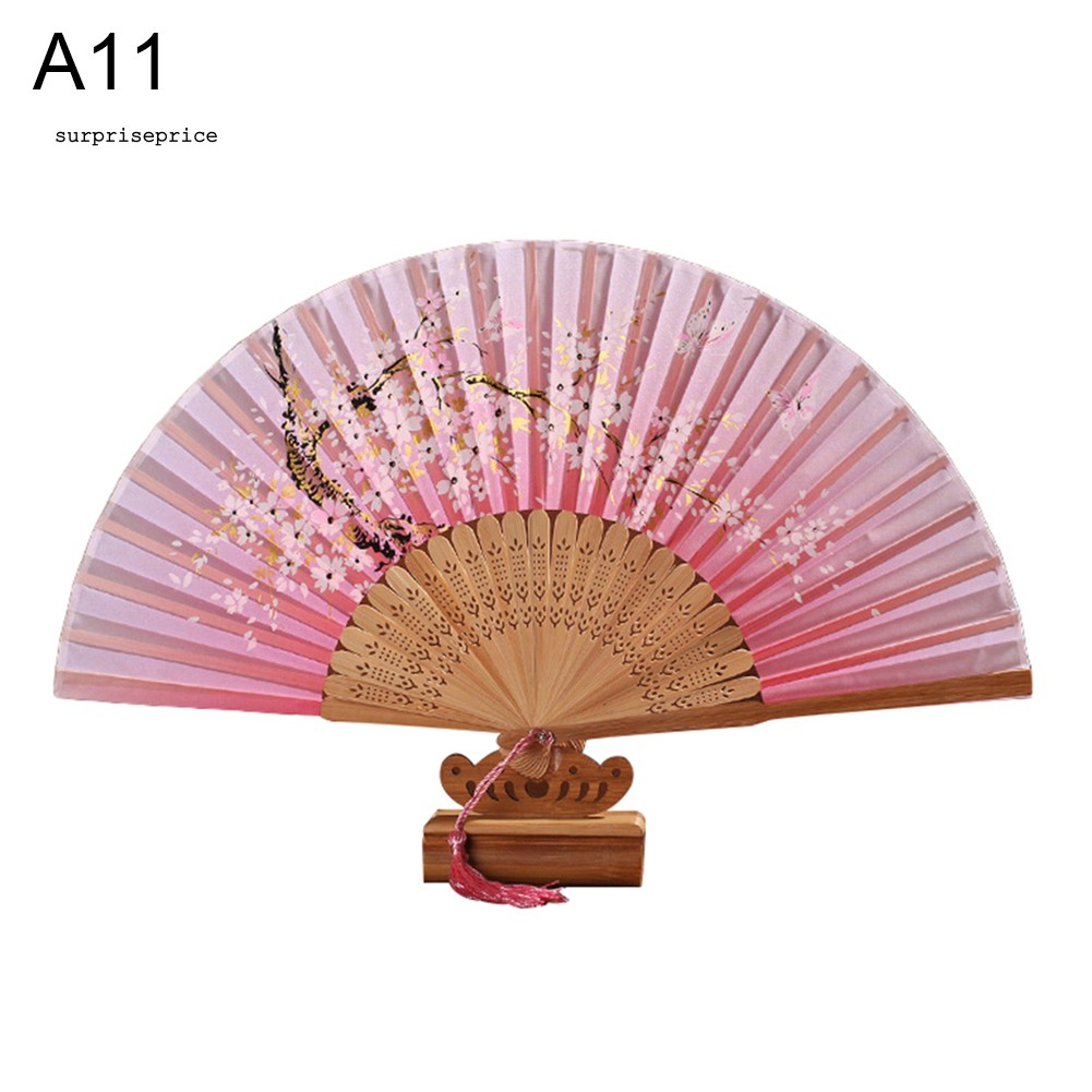 Quạt xếp cầm tay bằng tre với họa tiết hoa anh đào phong cách vintage
