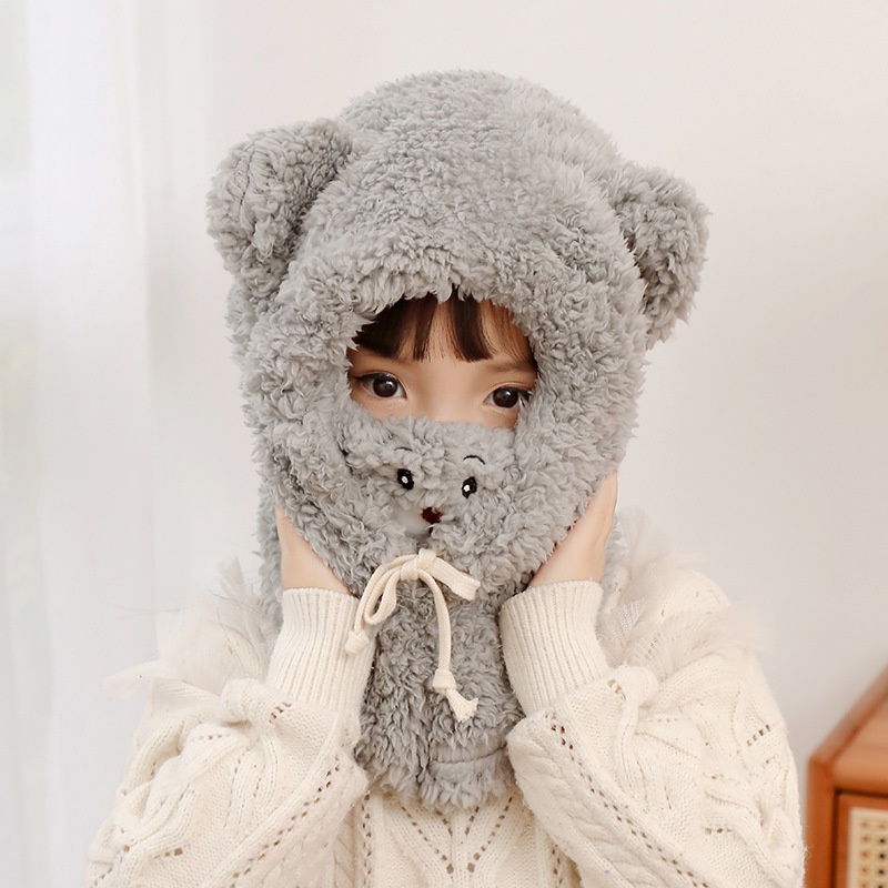 Mũ Len Lông Cừu Trùm Tai Kèm Khẩu Trang Hình Gấu Cho Bé Từ 4-18 tuổi có dây điều chỉnh kích thước
