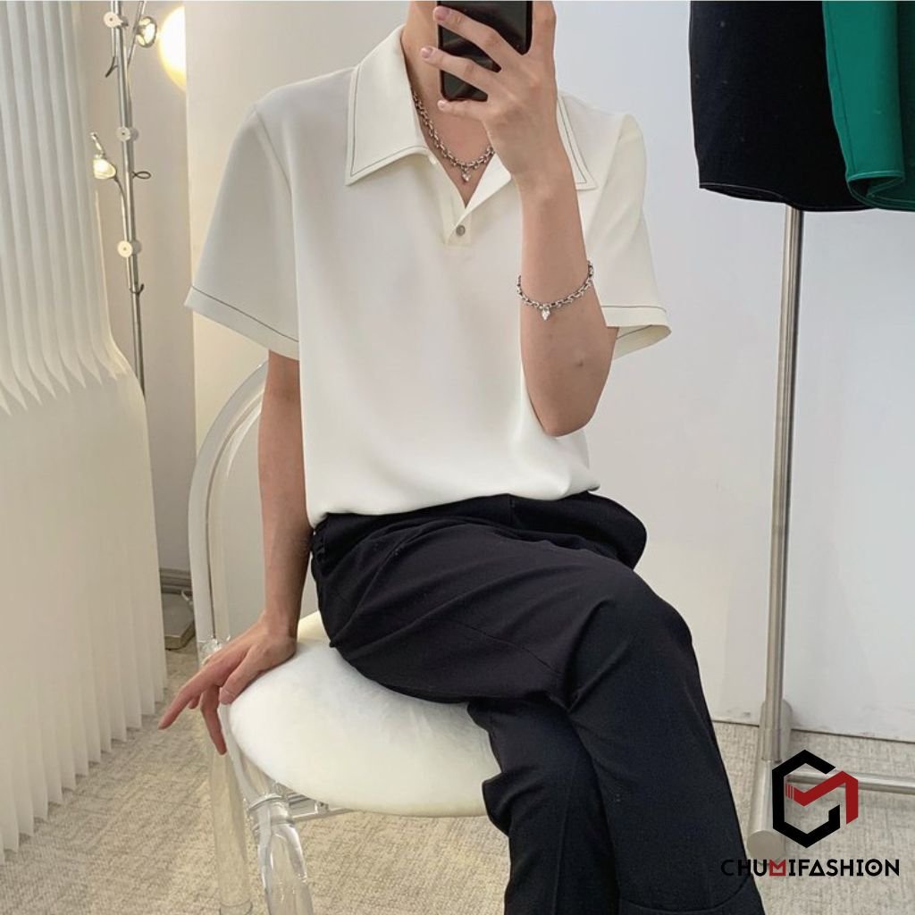 Áo thun polo nam cổ bẻ CHUMI vải cotton may chỉ nổi form rộng dáng suông hottren hàn quốc 2022 at 316