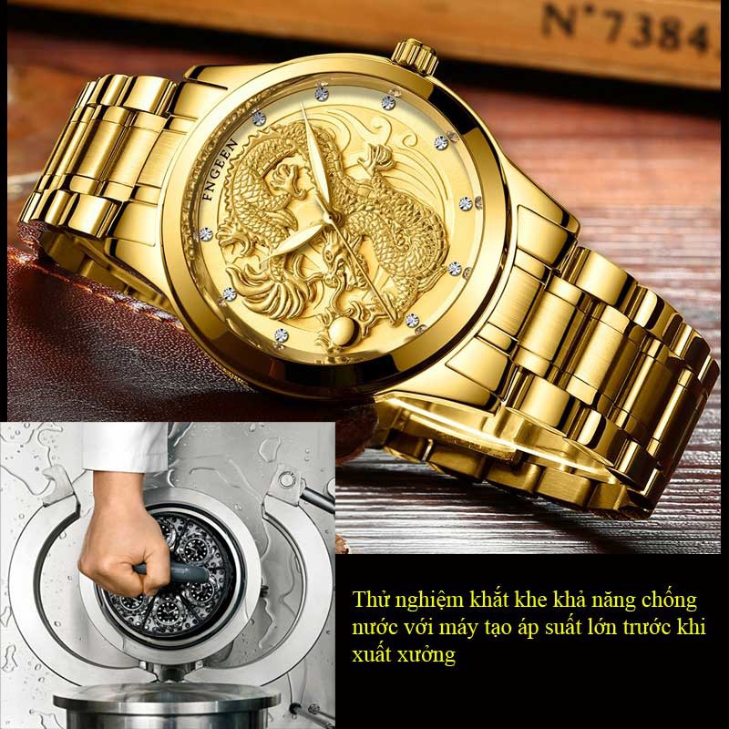 Đồng hồ nam đẹp mặt rồng nổi 3D mạ vàng chính hãng cao cấp giá rẻ mặt tròn đeo tay dây  kim loại