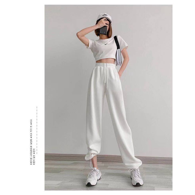 White Track Pants Women's Ankle-Tied Loose All-Match Fashion Straight Casual Sweatpants High Waist Drooping Wide Leg Pants Summer