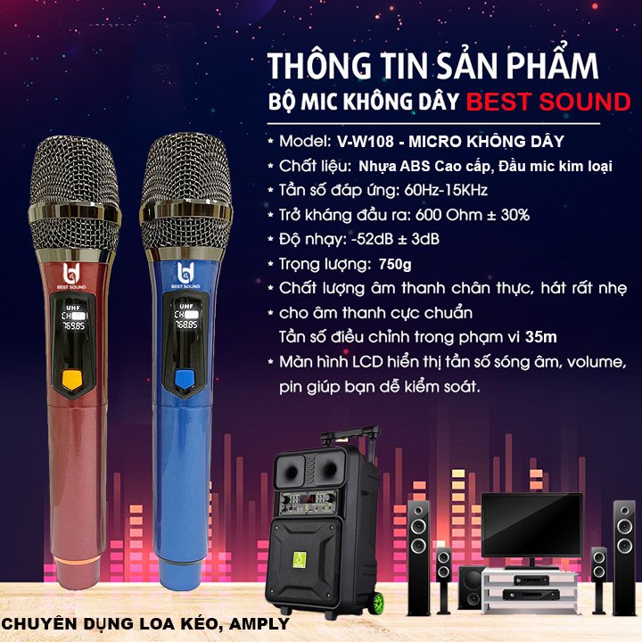 [BẢO HÀNH 12 THÁNG] Bộ 2 Micro Không Dây Hát Karaoke V-W108 dành Cho Loa Kéo/Amply,Tần Số 50