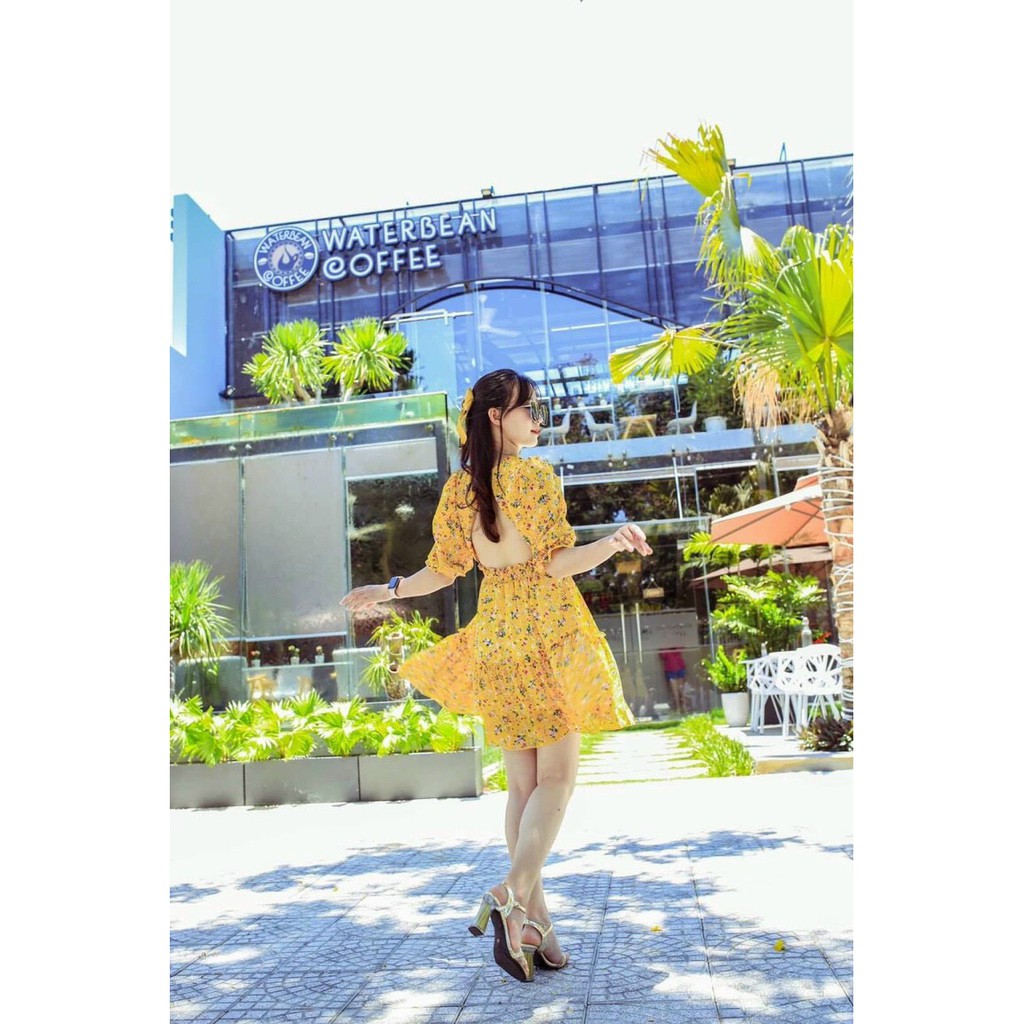 Đầm xòe lụa hàn họa tiết hoa nhí