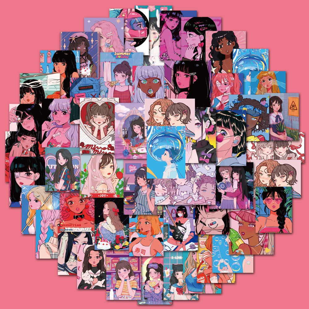 Set 50 chiếc sticker chống nước GIRL HIỆN ĐẠI ART cá tính dán nón bảo hiểm, laptop, vali, xe máy, đàn