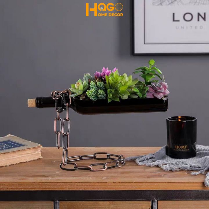 Bình hoa, lọ hoa thủy tinh hình chai kèm dây xích, lọ hoa bay trang trí, decor độc đáo