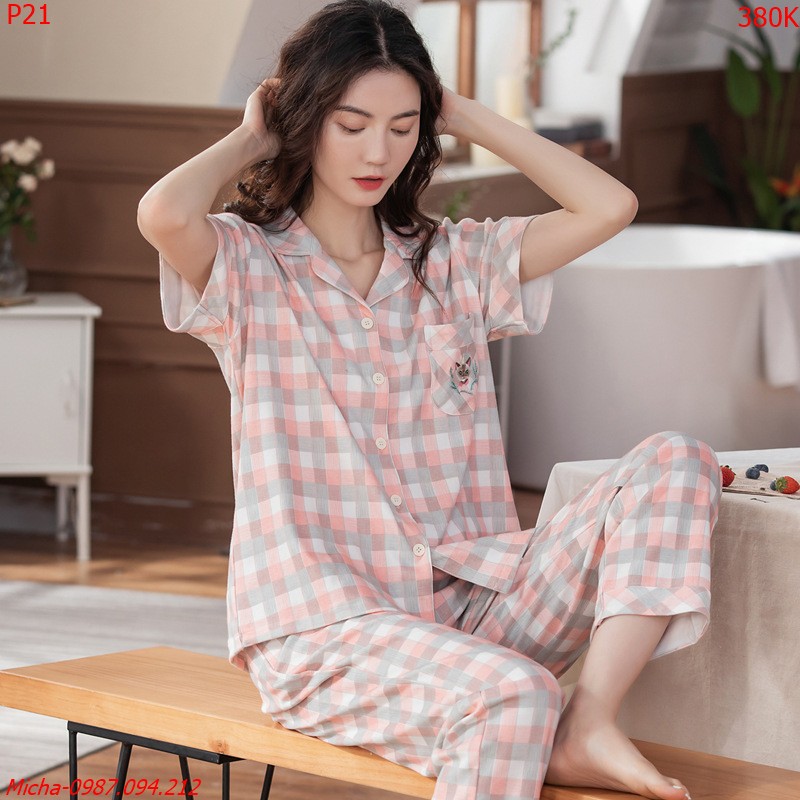 Bộ pyjama cotton kẻ caro hồng trang nhã - Micha P21