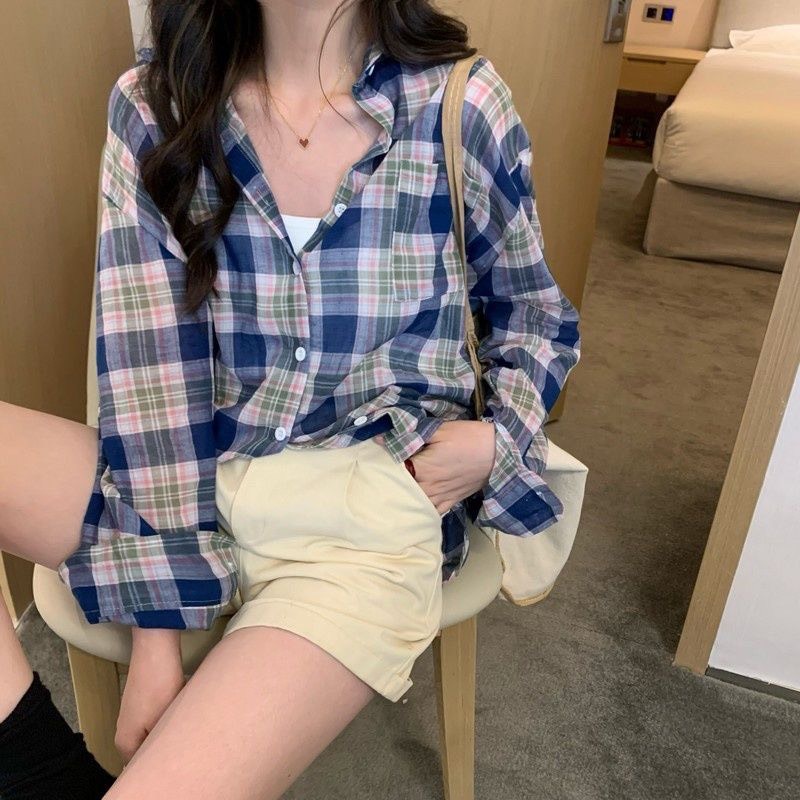 Áo sơ mi nữ kẻ sọc caro đẹp form rộng tay dài hàng Quảng Châu ANDOSA SM06