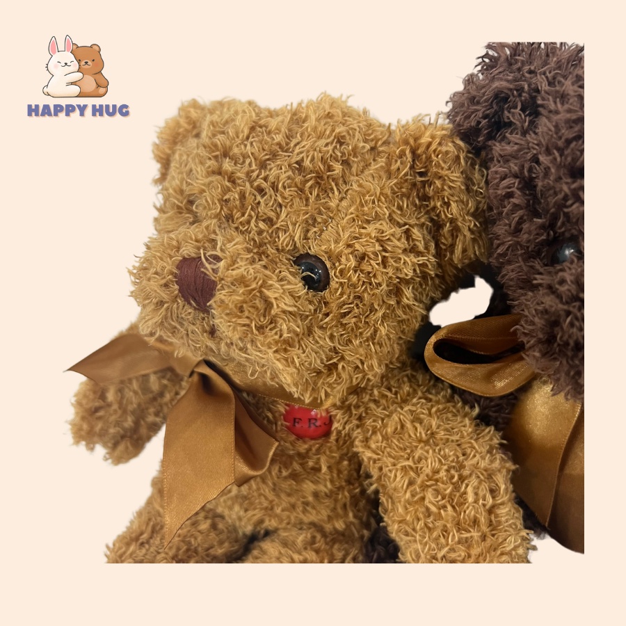 Gấu bông xù size nhỏ 25 cm xinh xắn, dễ thương, mềm mịn, đính nơ lụa, thú nhồi bông cao cấp - Happy Hug