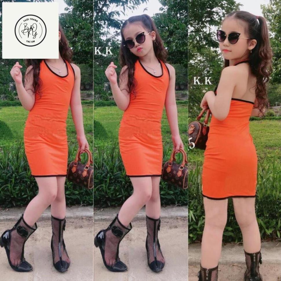 Đầm bé gái body trơn, hở lưng, cổ yếm thời trang, sành điệu - Quần áo trẻ em - Bảo Vy shop (Màu Hồng sen) (210573)