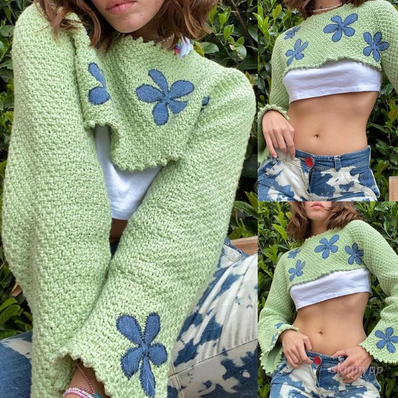 Áo Croptop dệt kim tay dài hoạ tiết hoa nữ tính