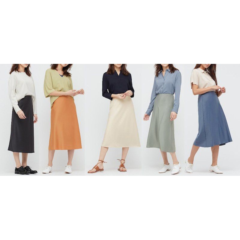 (UNIQLO Nhật chính hãng) NỮ- Chân váy midi lụa satin dáng xoè dài -Satin Narrow Flare Skirt