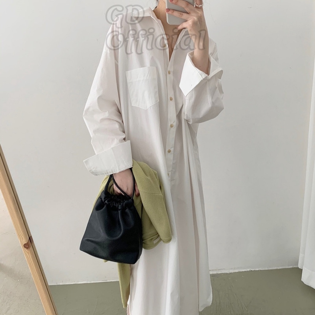 D16|Đầm sơ mi basic cho nữ, dáng dài cổ điển, cotton dày dặn, hút mồ hôi màu trắng, xanh gd_order