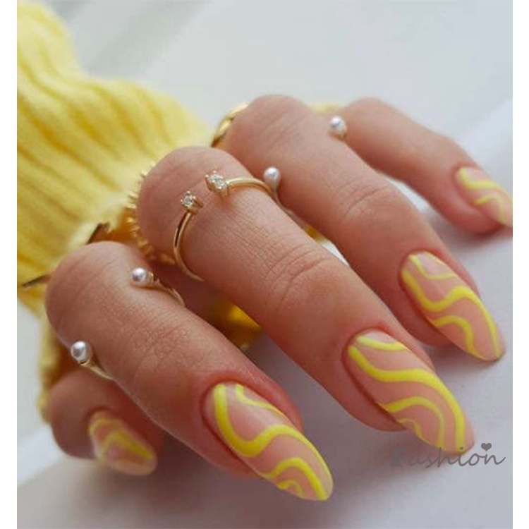 Bộ 24 Miếng Dán Móng Tay Đầu Tròn Màu Vàng Có Thể Tháo Rời