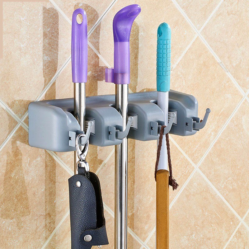 Giá móc treo đồ &amp; 3/4/5 khe giữ cây lau nhà gắn tường