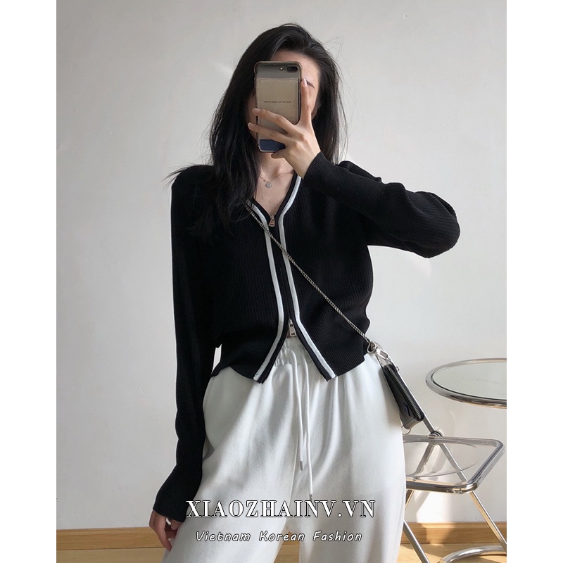 Áo khoác cardigan dệt kim tay dài dáng ôm phối khóa kéo thời trang cho nữ | BigBuy360 - bigbuy360.vn