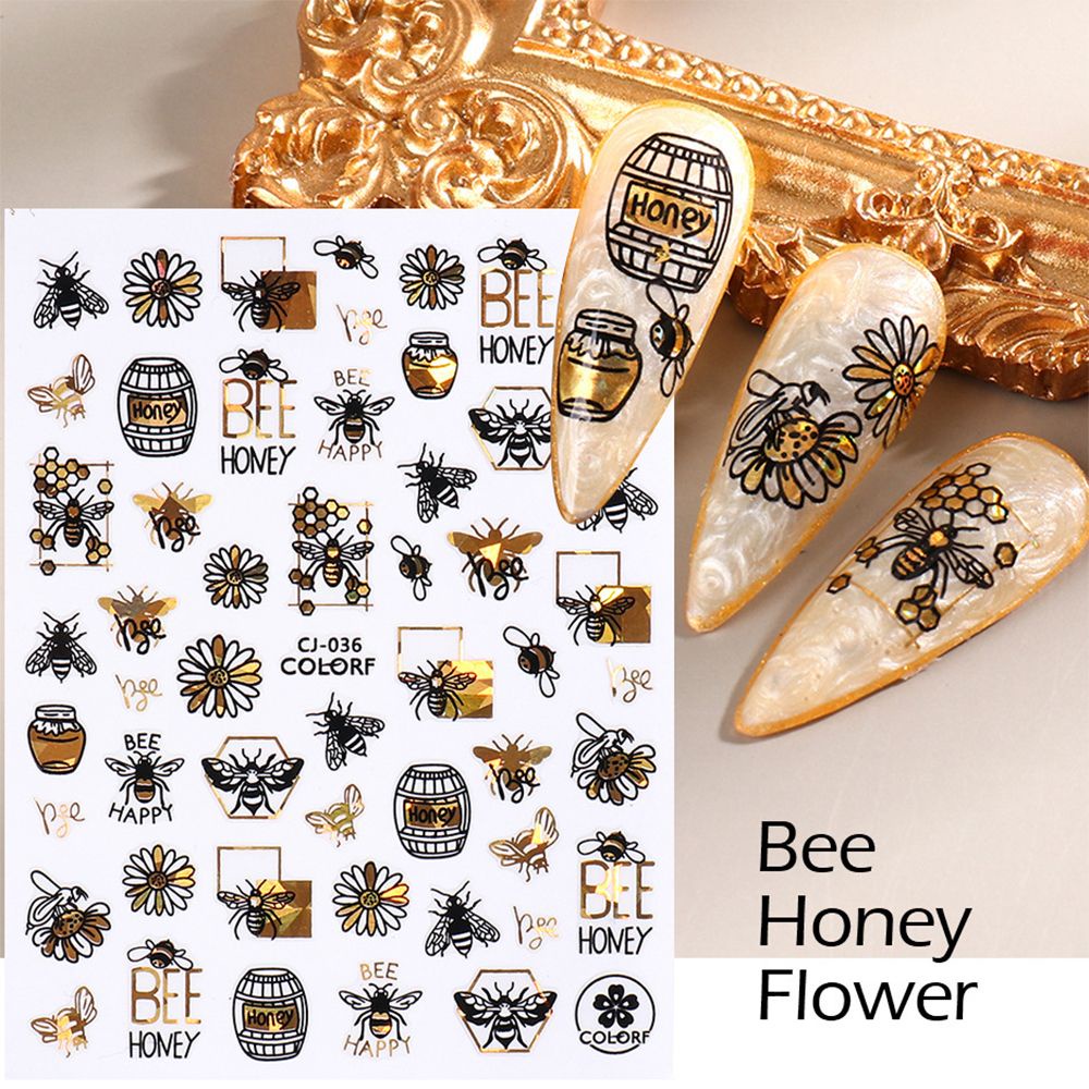 Miếng Dán Trang Trí Móng Tay Hình Hoa Lá Và Con Ong 3D Màu Đen|Sơn Móng Tay Hình Khuôn Mặt Trừu Tượng
