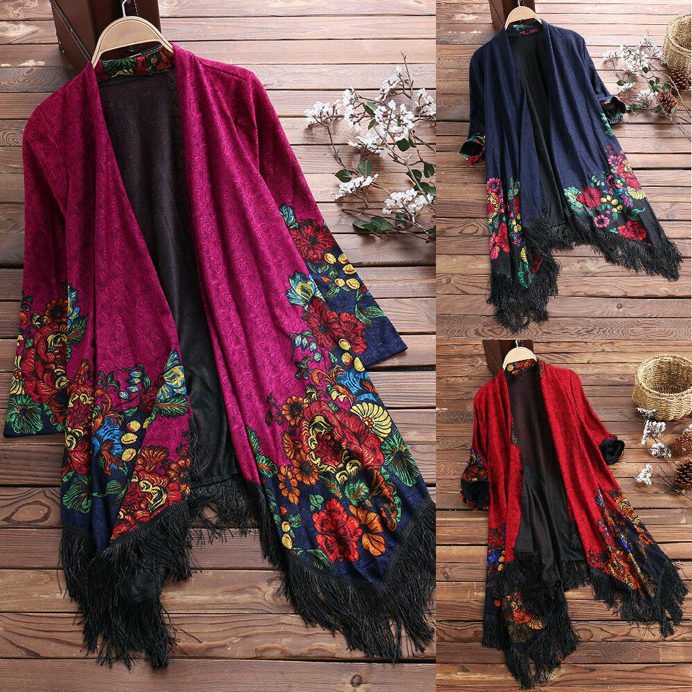 Áo Khoác Kimono Tay Dài Hoạ Tiết Hoa Thiết Kế Mới Cho Phái Nữ