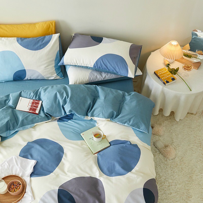 Bộ chăn ga cotton living 100% cotton- mẫu tròn xanh dương