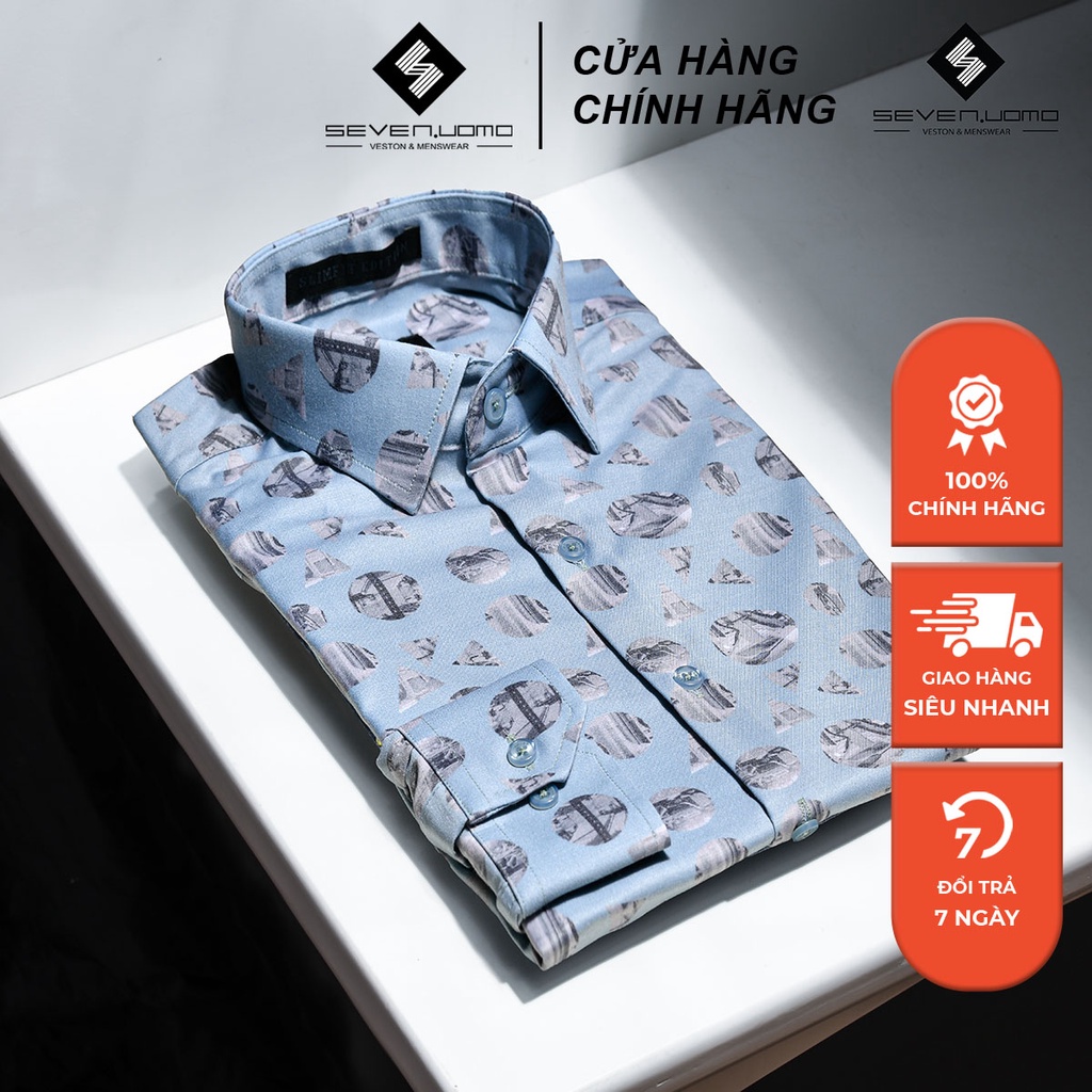 Áo Sơ Mi Nam Dài Tay SEVENUOMO Form Dáng Hàn Quốc, Không Nhăn, Vải Mịn Mát Form Vừa Họa Tiết Hình Tròn HT43