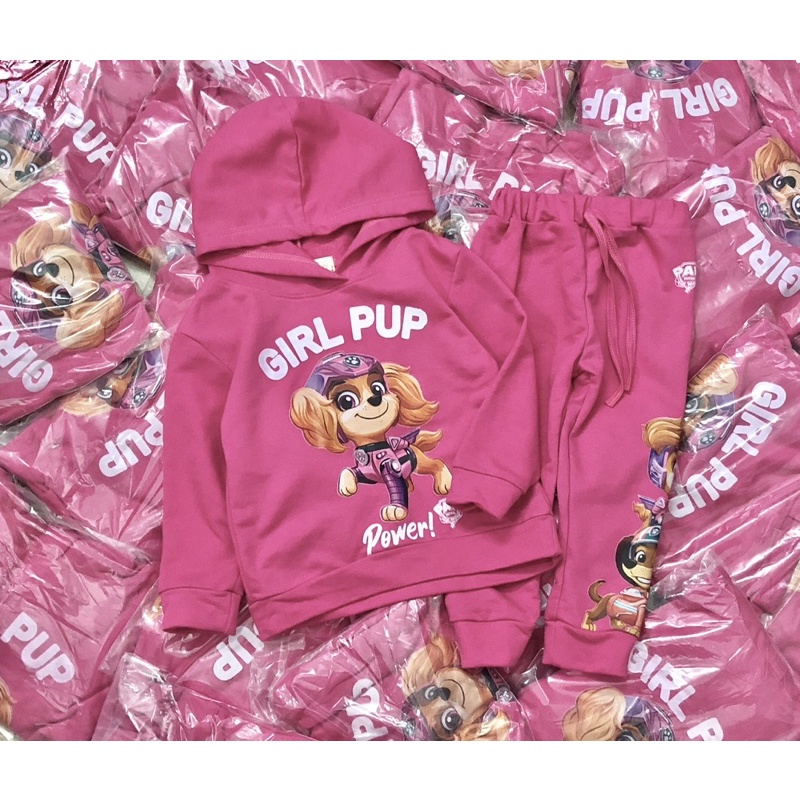 Set bộ nỉ da cá có mũ chó đội trưởng cho bé gái màu hồng