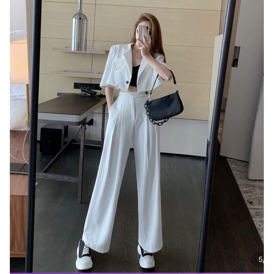 Set vest dáng croptop mix quần ống rộng cạp cao túi đính dây cườm sang chảnh đi chơi, đi tiệc siêu xinh