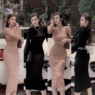 Đầm body thun phối viền gân tay dài!