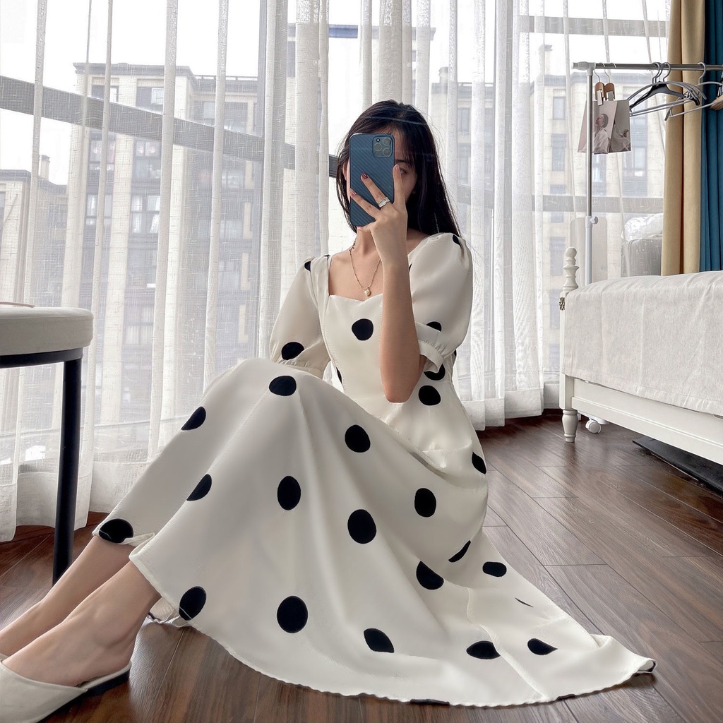 Váy maxi chấm bi dáng dài tay bồng cổ vuông qua gối HSG105