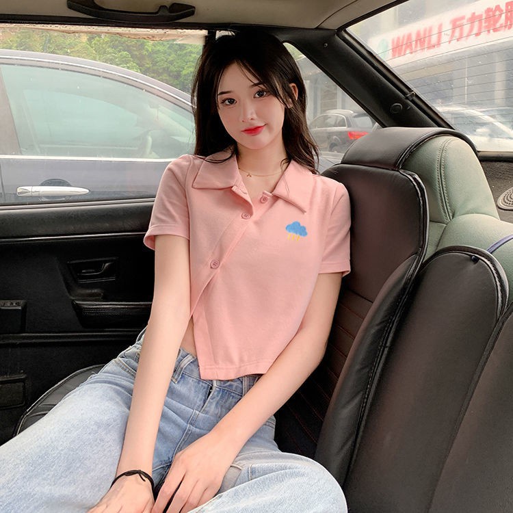 áo polo Tay Ngắn Màu Hồng Thêu Hoạ Tiết Gấu Có Size S-Xl