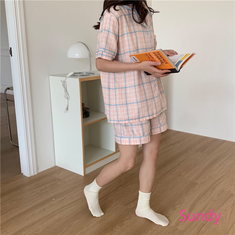 Bộ Đồ Ngủ Ngắn Tay Hoa Văn Kẻ Ô Thời Trang Mùa Hè Dành Cho Nữ