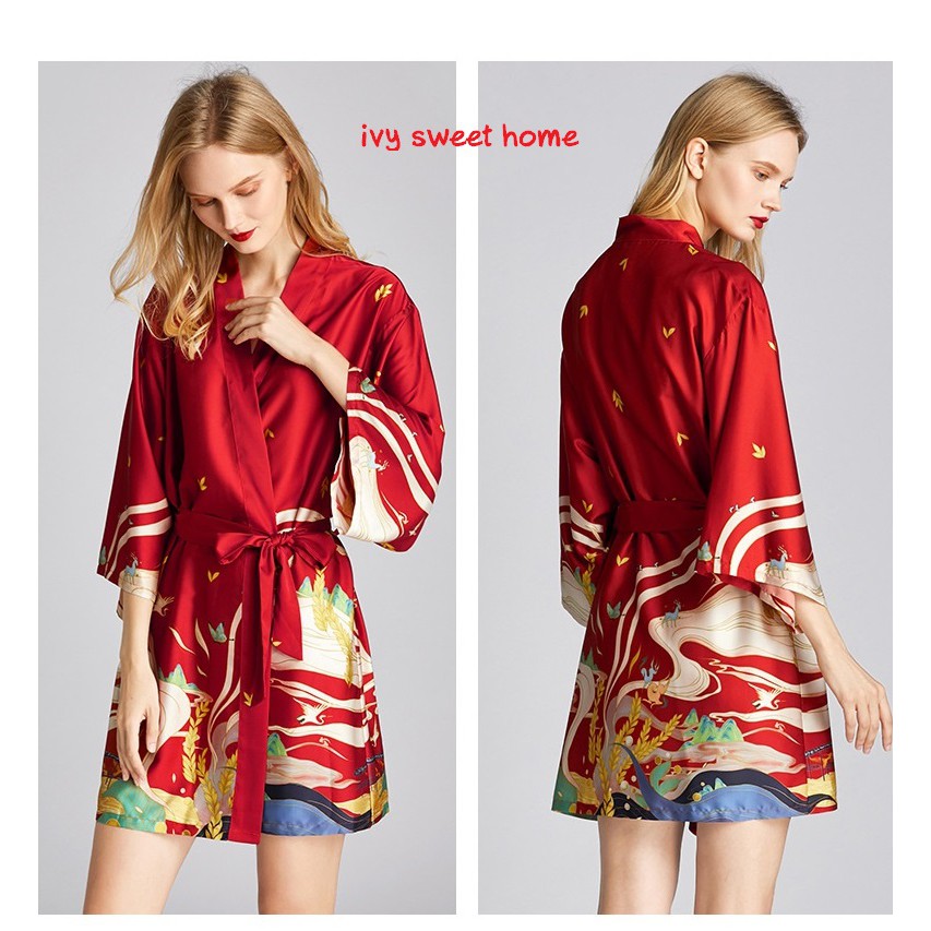 Áo Kimono Ngủ Lụa  Yukata Mặc Nhà  Áo Choàng Tắm IVY242