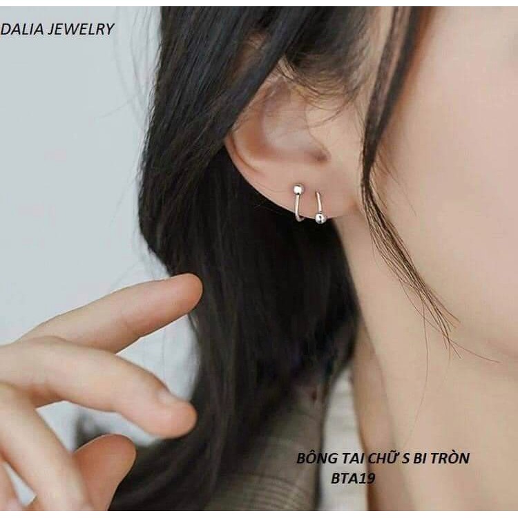 Bông tai bạc ý DaLiA Jewelry dạng xoắn chốt vặn đường cong thu hút, chữ S hai đầu bi tròn