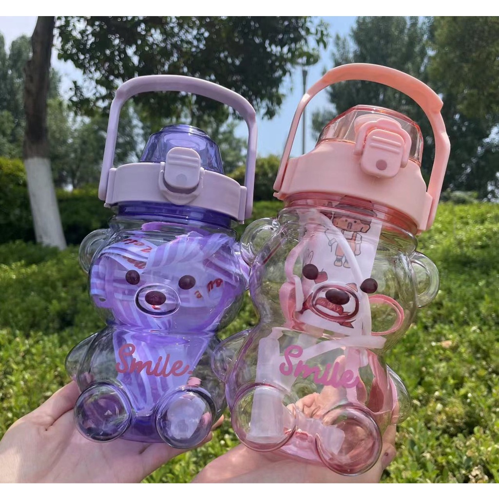 Bình nước cho bé hình gấu dung tích lớn có ống hút cực cute, Bình nước hình gấu cho bé mang đi học Bn24