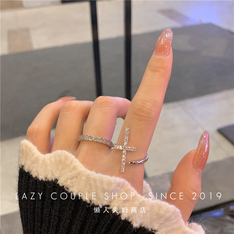 Shop Owner's Wall Push Super Cool Cold Wind Cross Diamond-Embedded Super Flash Personality Disco Open Ring for Women2021New-