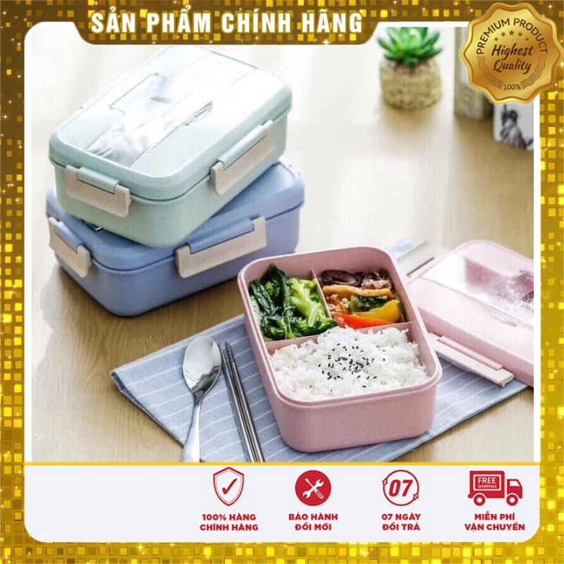 (HÀNG ĐẸP) HỘP CƠM LÚA MẠCH 1 tầng 3 NGĂN KÈM ĐŨA THÌA INOX - dmastore