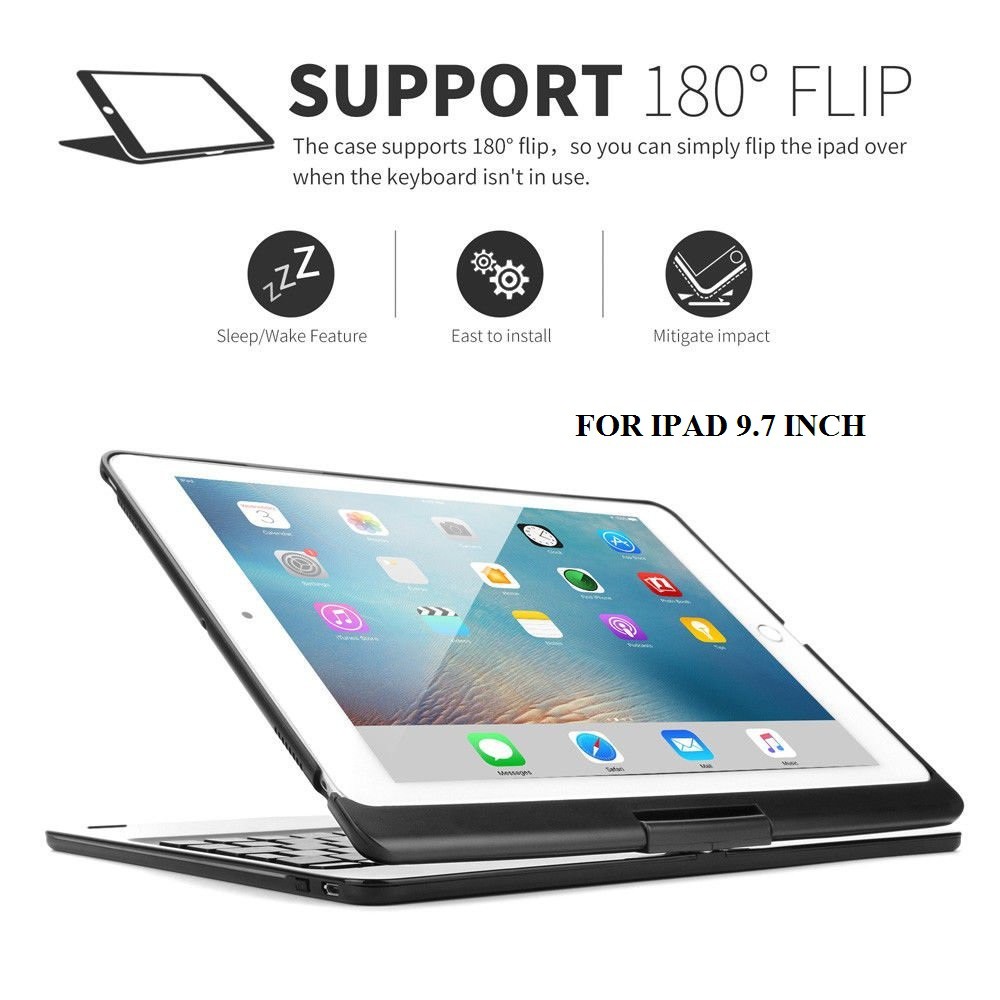 Bàn phím Bluetooth xoay 360 độ cho iPad Air 2, iPad Pro 9.7, New iPad 2017, ipad air - 7 màu đèn cho bàn phím- màu đen | BigBuy360 - bigbuy360.vn